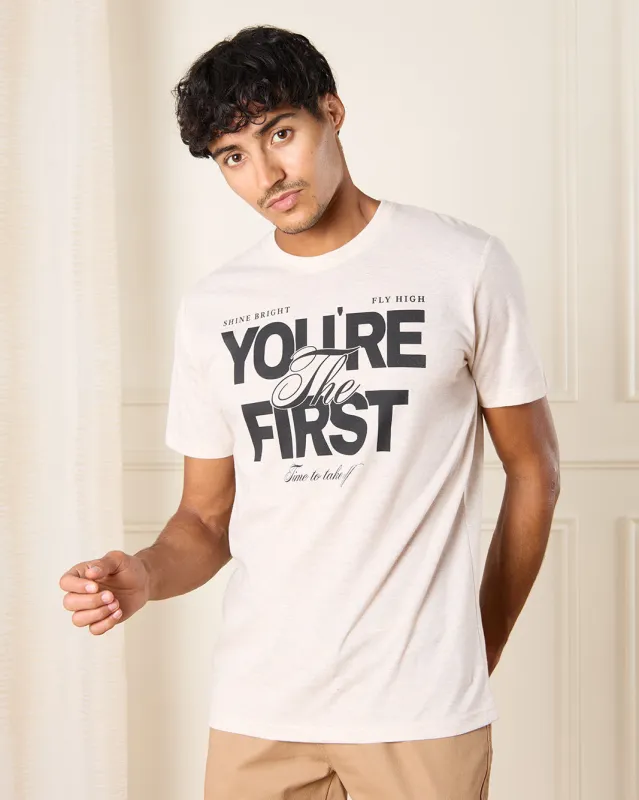 Men Beige You're The First Print T-Shirt sold by Redtag