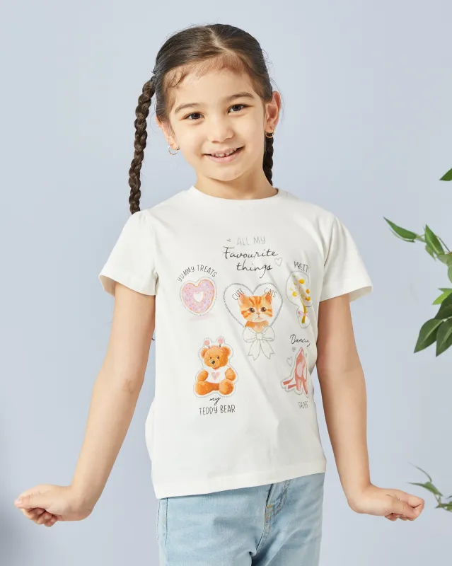 Girls White Cat Placement Print T Shirt sold by Redtag