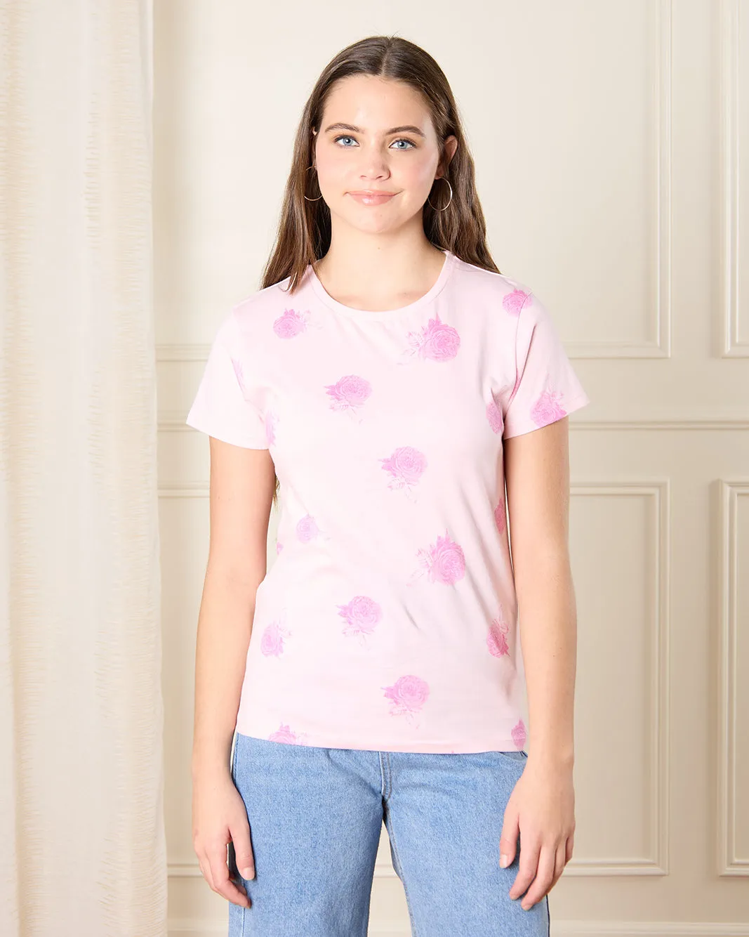 Senior Girls Pink Rose Print T-Shirt sold by Redtag