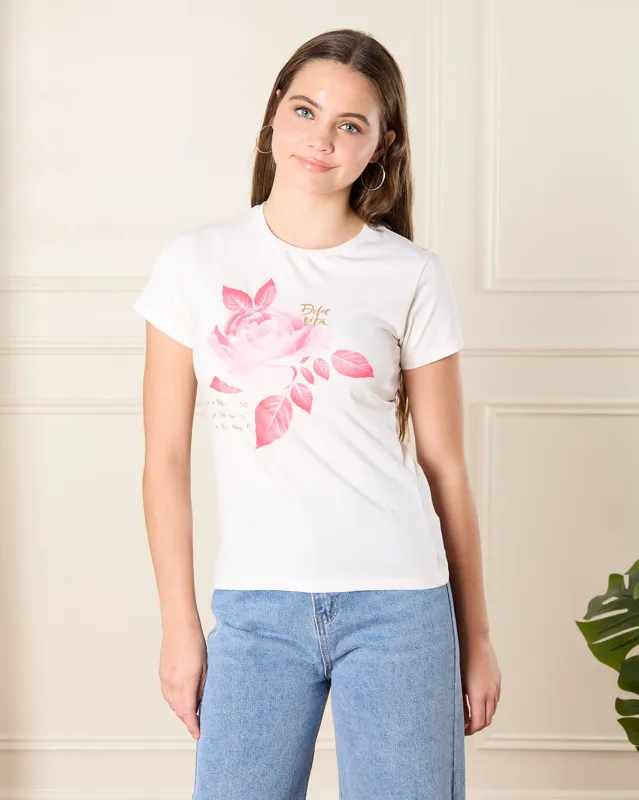 Senior Girls White Rose Print T-Shirt sold by Redtag