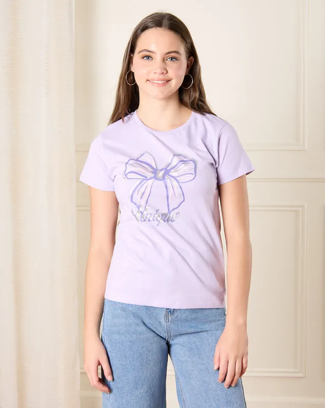 Senior Girls Purple Bow Print T-Shirt sold by Redtag