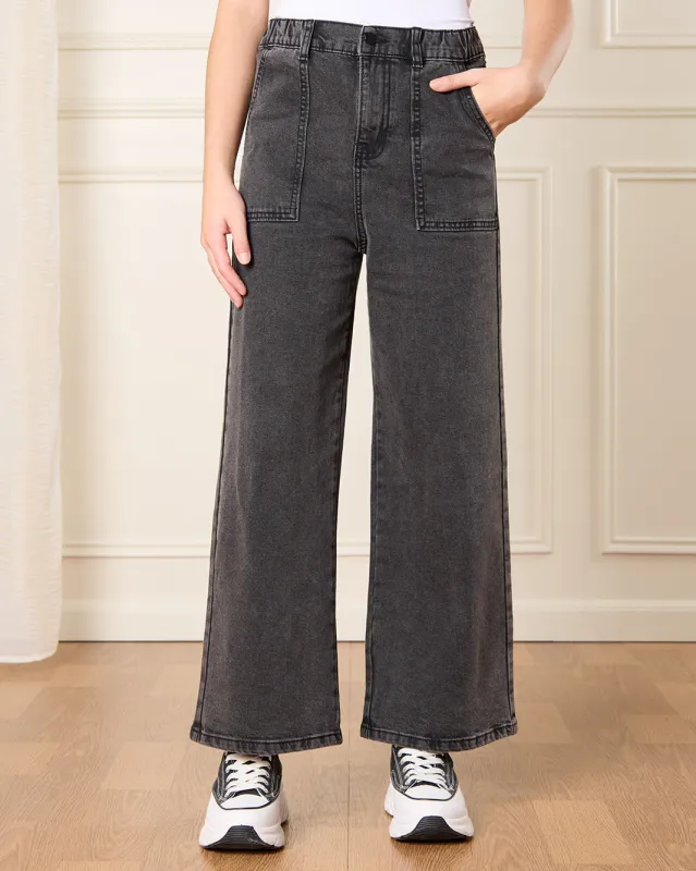 Senior Girls Black Wash Wide Leg Jeans sold by Redtag