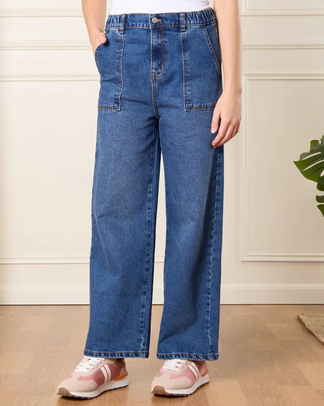 Senior Girls Navy Wide Leg Jeans sold by Redtag