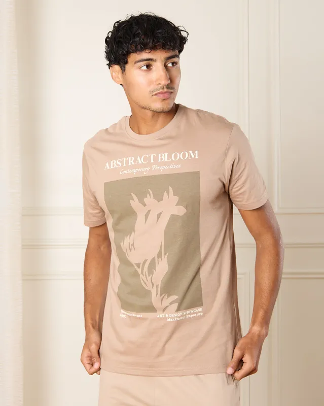 Men Beige Abstract Bloom Print T-Shirt sold by Redtag