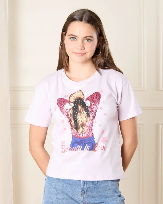 Senior Girls Lilac Printed Top sold by Redtag