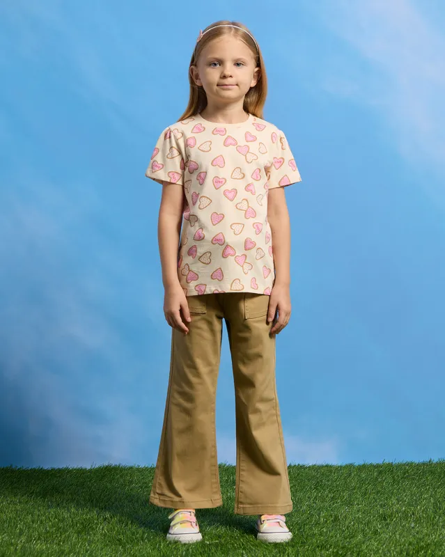 Girls Beige Heart Print T-Shirt sold by Redtag