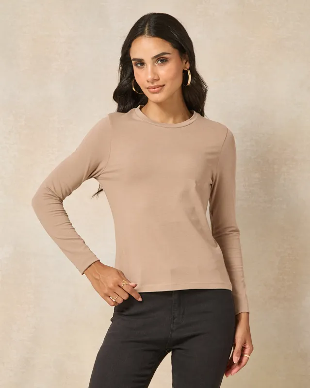 Women Brown Long Sleeve Basic T-Shirt sold by Redtag