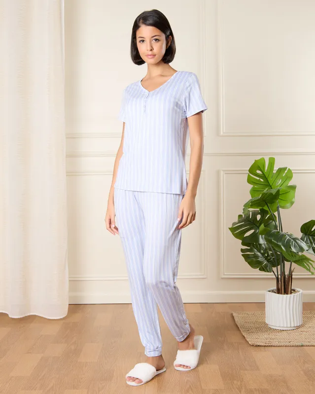 Women Blue Striped Pyjama Set (2 Piece) sold by Redtag