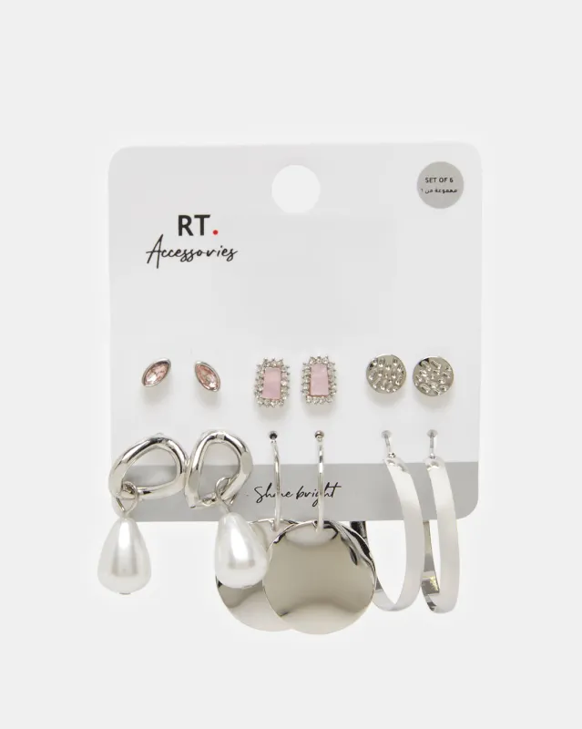 Women Silver Embellished Earring Set (6 Pairs) sold by Redtag