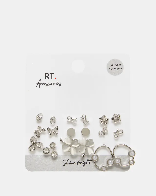 Women Silver Embellished Earring Set (9 Pairs) sold by Redtag