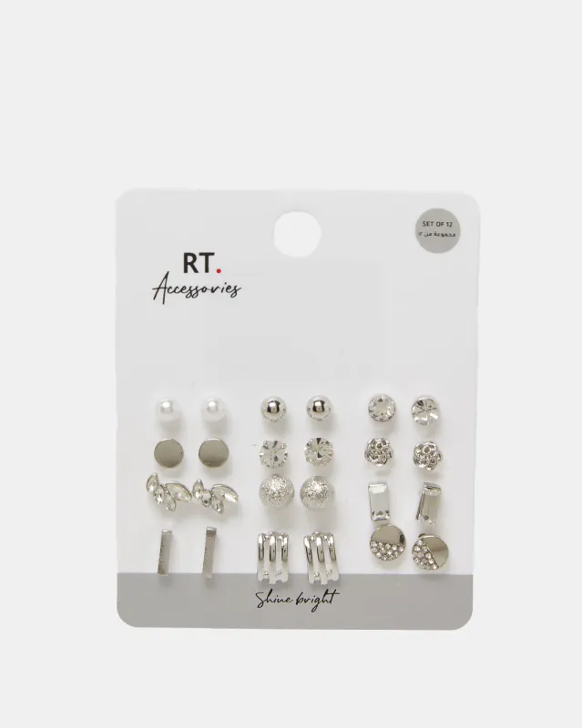 Women Silver Embellished Earring Set (12 Pairs) sold by Redtag