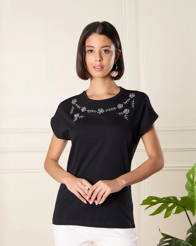Women Black Embroidered T-Shirt sold by Redtag