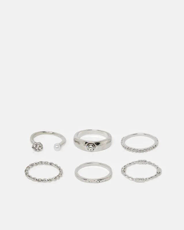 Women Silver Embellished Ring Set (Pack of 6) sold by Redtag