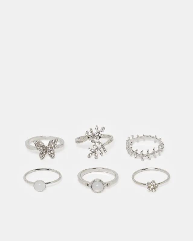 Women Silver Embellished Ring Set (Pack of 6) sold by Redtag