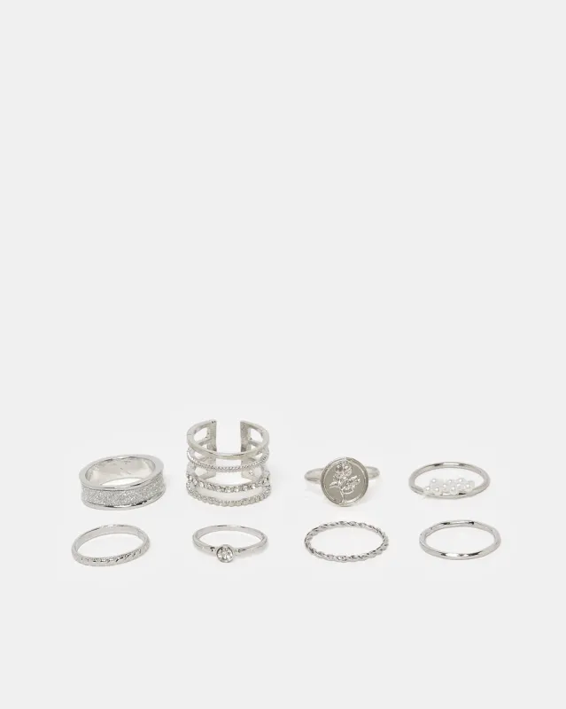 Women Silver Embellished Ring Set (Pack of 8) sold by Redtag