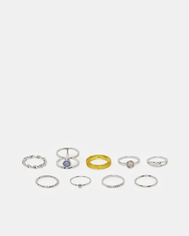 Women Silver Embellished Ring Set (Pack of 8) sold by Redtag