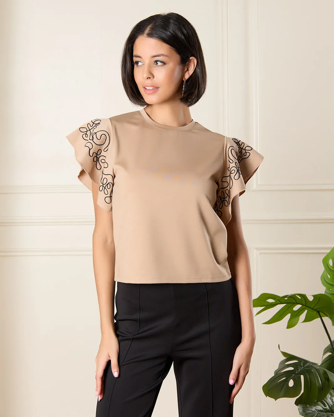 Women Beige Embroidered Flutter Sleeves Top sold by Redtag
