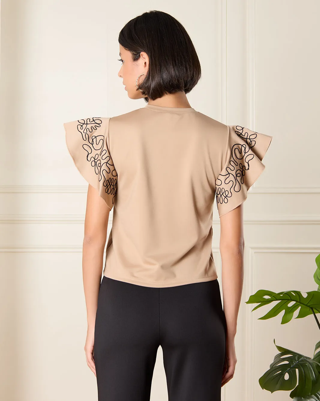 Women Beige Embroidered Flutter Sleeves Top sold by Redtag product image thumbnail 3