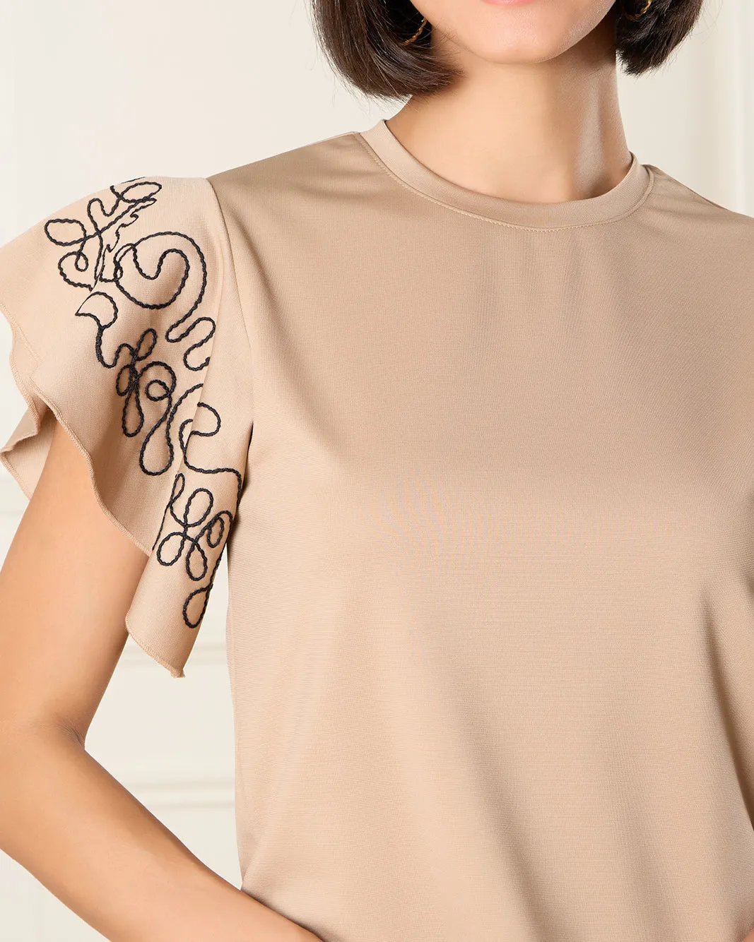 Women Beige Embroidered Flutter Sleeves Top sold by Redtag product image thumbnail 4