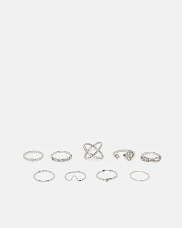 Women Silver Embellished Rings (Pack of 9) sold by Redtag