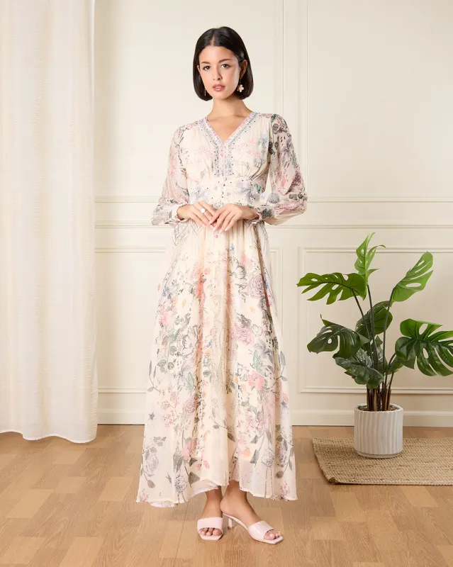 Women Cream Printed Long Dress sold by Redtag