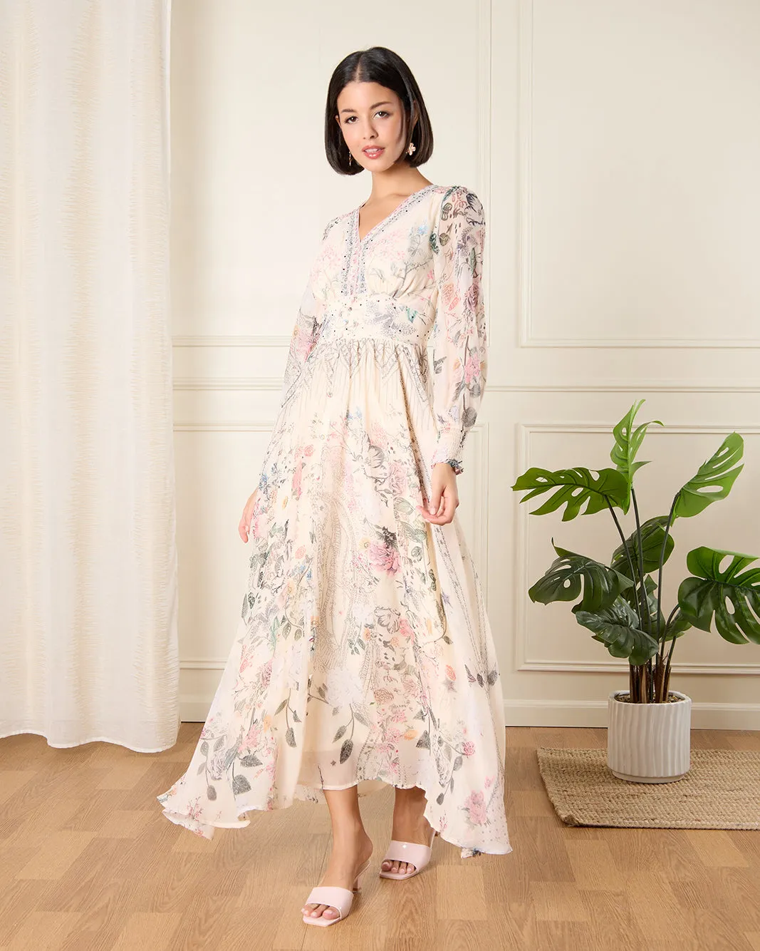 Women Cream Printed Long Dress sold by Redtag product image thumbnail 5