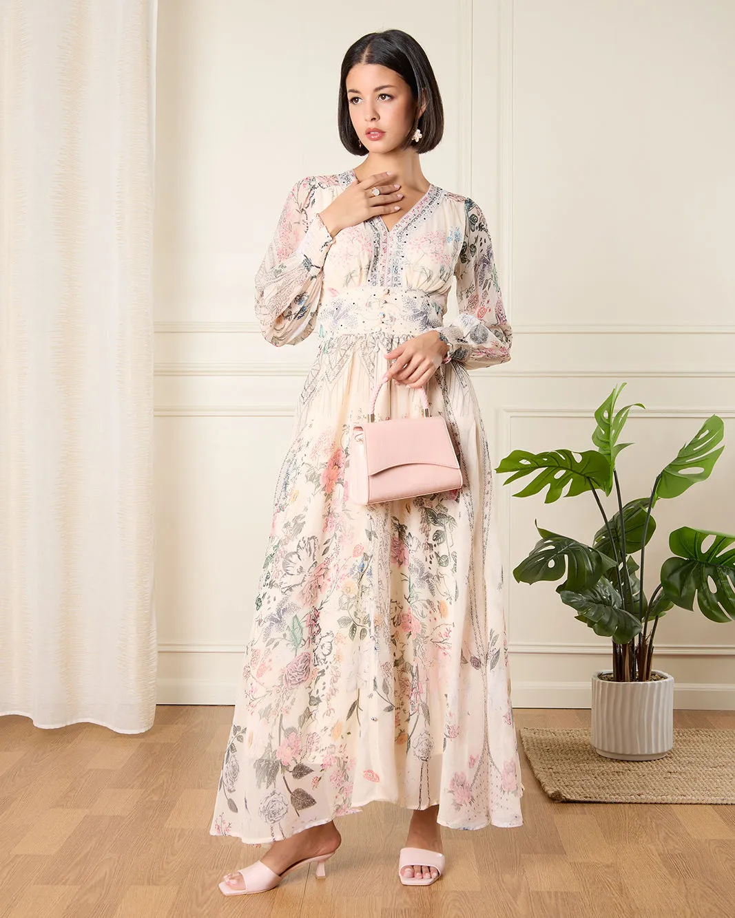 Women Cream Printed Long Dress sold by Redtag product image thumbnail 4
