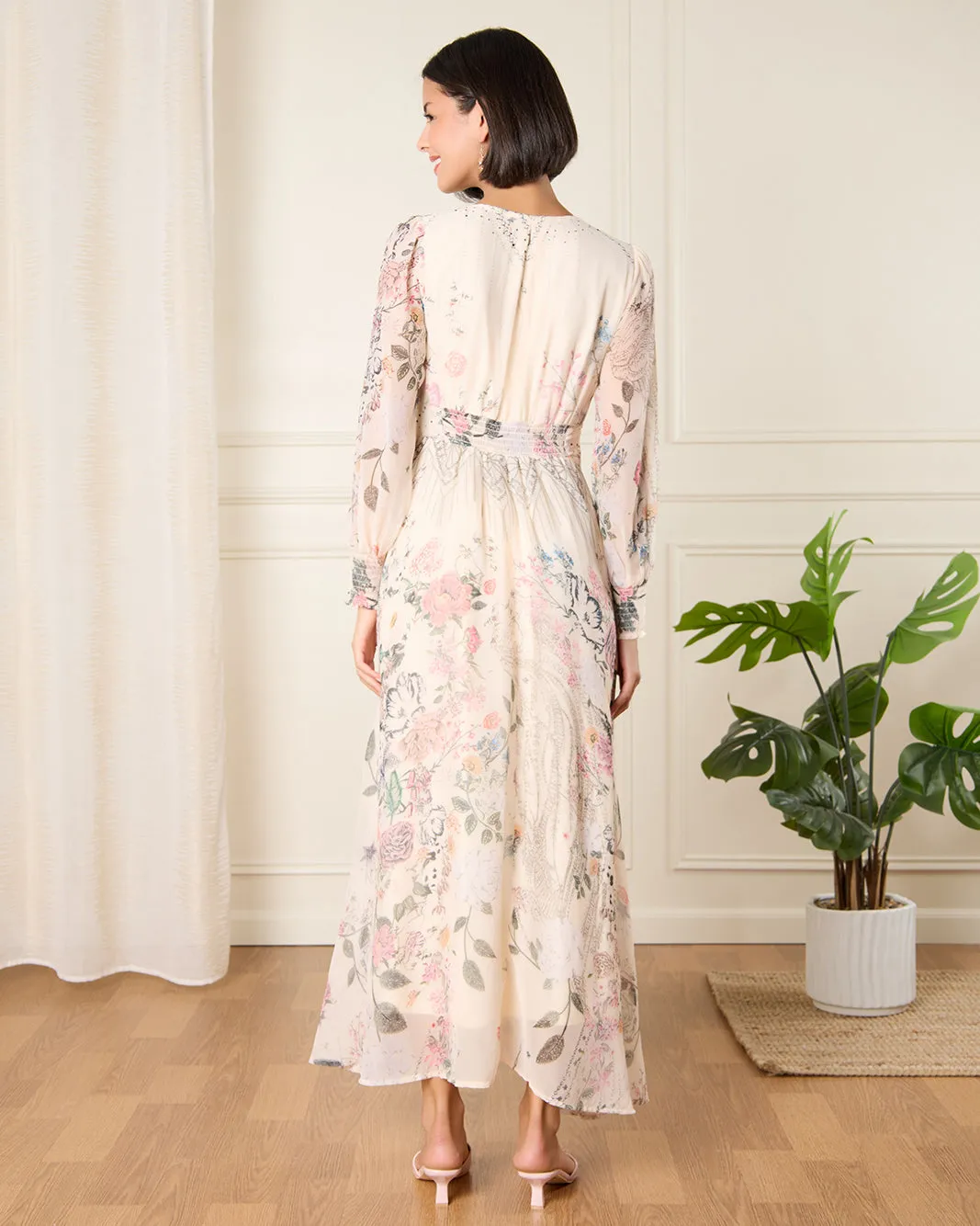 Women Cream Printed Long Dress sold by Redtag product image thumbnail 3