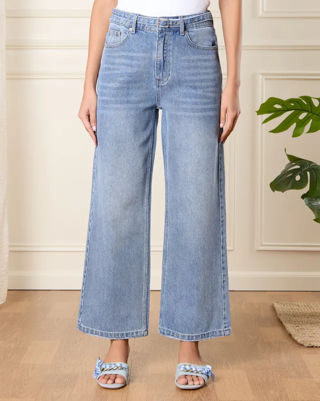 Women Blue Wide Leg Belted Jeans sold by Redtag