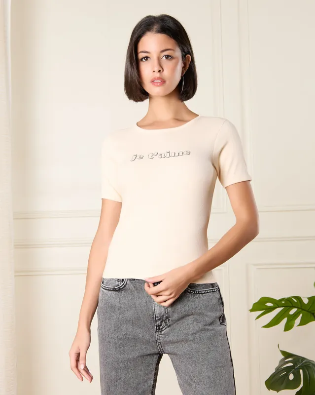 Women Cream Printed T-Shirt sold by Redtag