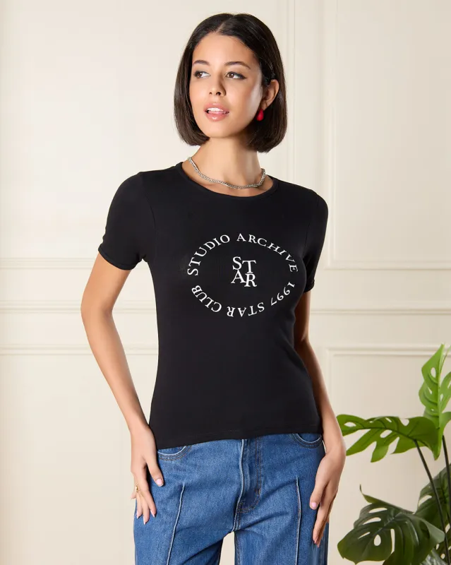 Women Black Printed T-Shirt sold by Redtag