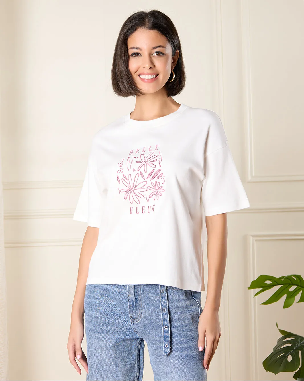 Women Cream Embroidered T-Shirt sold by Redtag