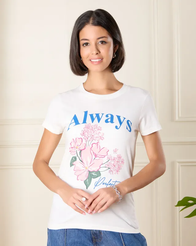 Women White Floral Print T-Shirt sold by Redtag