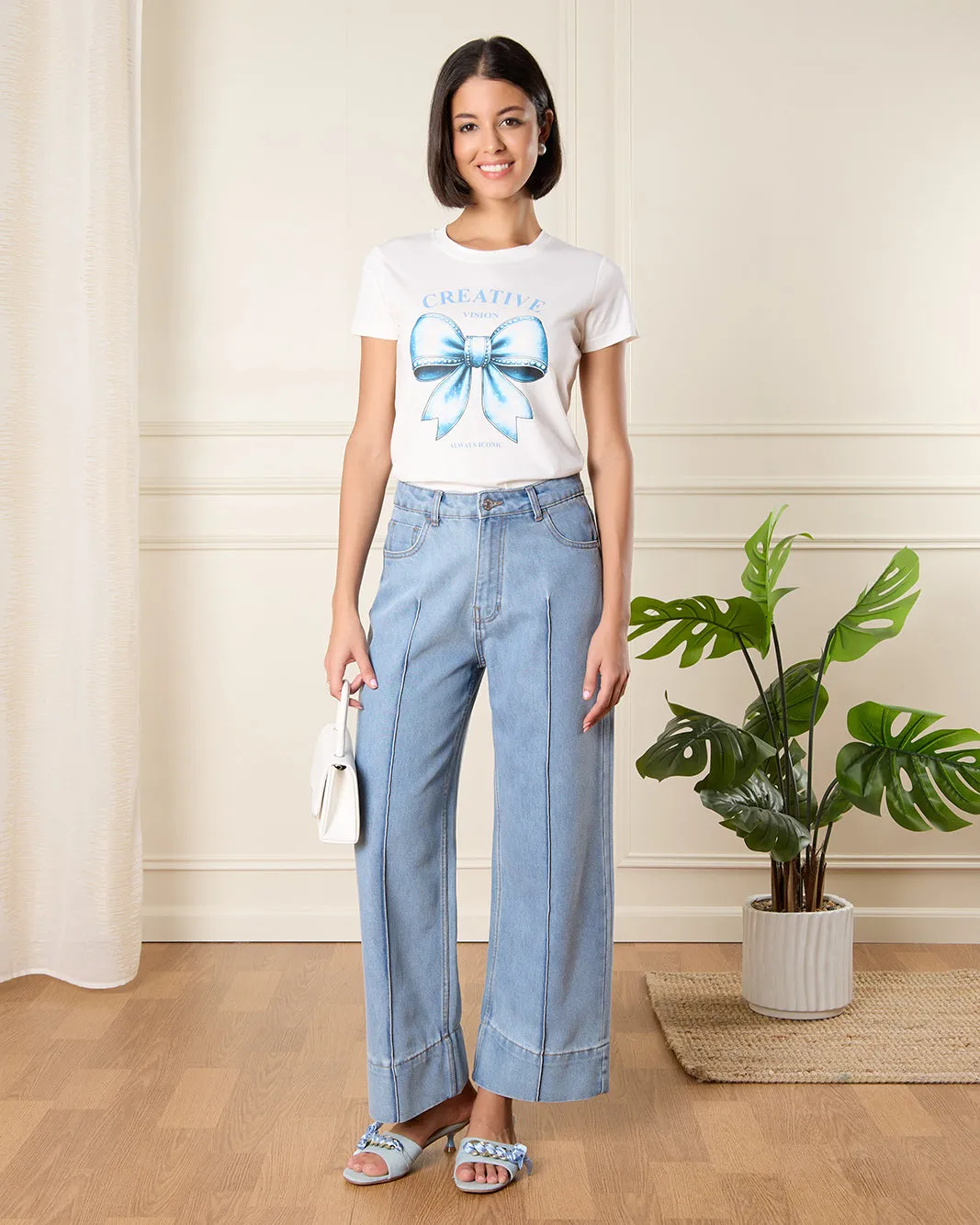 Women White Ribbon Print T-Shirt sold by Redtag product image thumbnail 2