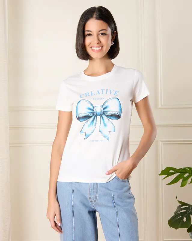 Women White Ribbon Print T-Shirt sold by Redtag