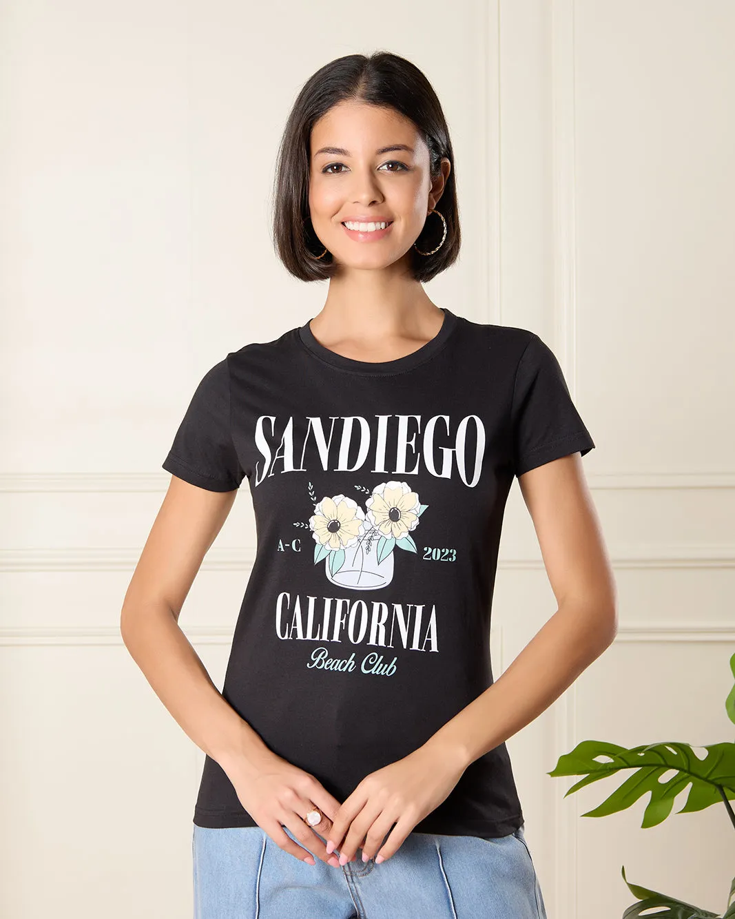 Women Black California Print T-Shirt sold by Redtag