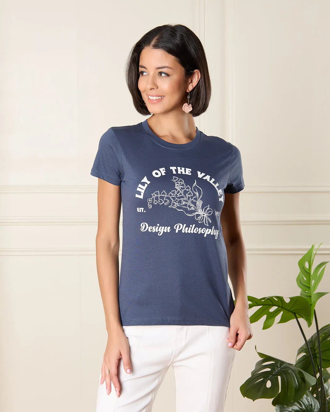Women Navy Lilly of The Valley Print T-Shirt sold by Redtag