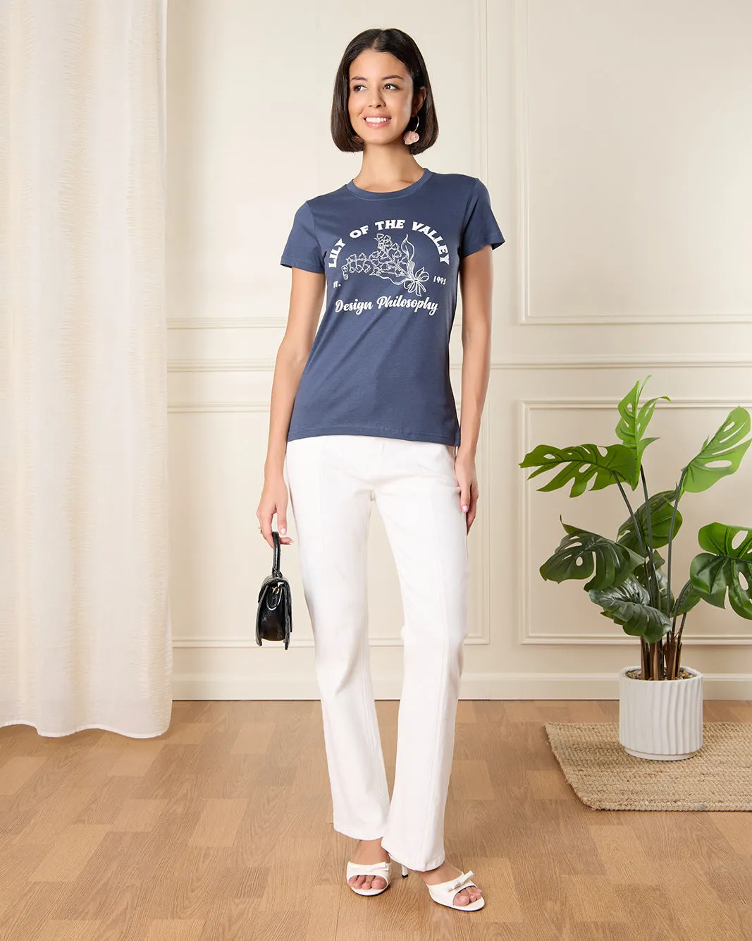 Women Navy Lilly of The Valley Print T-Shirt sold by Redtag product image thumbnail 2