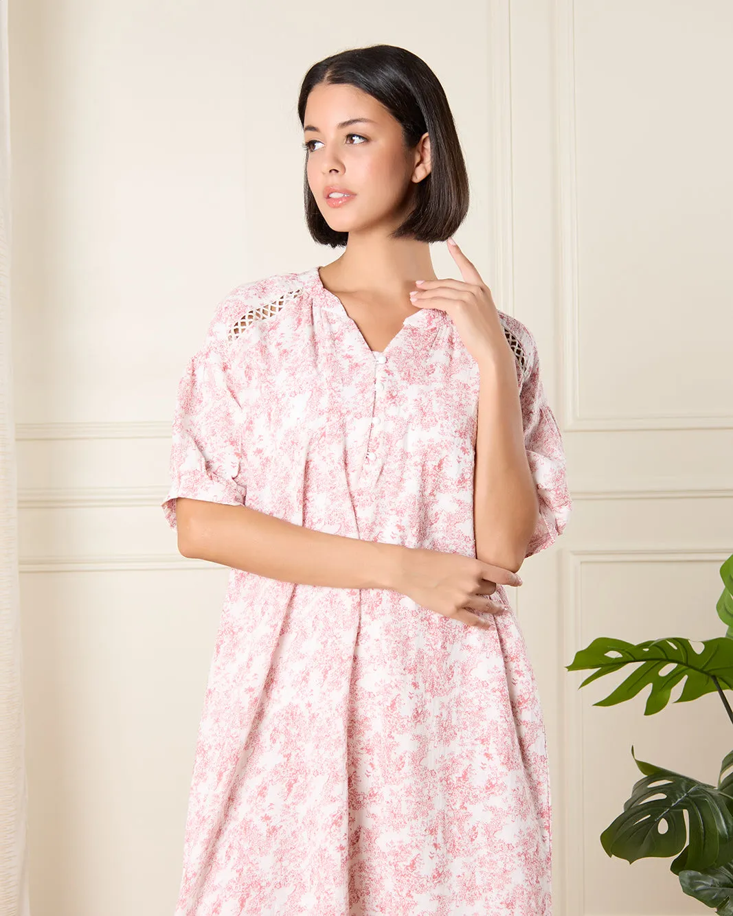 Women Pink Print Nightgown With Chest Trimming sold by Redtag product image thumbnail 2