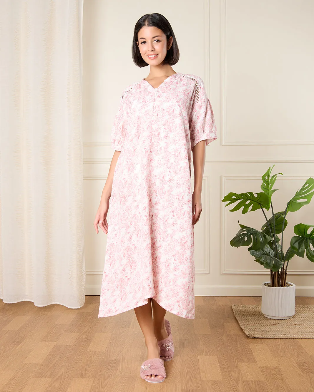 Women Pink Print Nightgown With Chest Trimming sold by Redtag