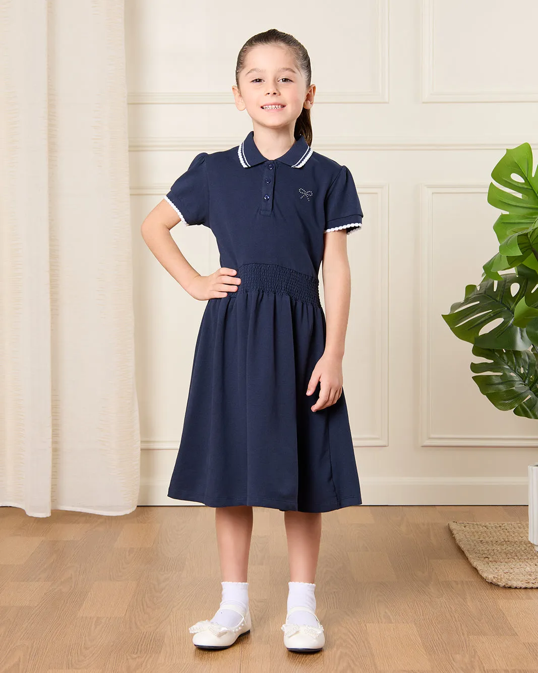 Girls Navy Embellished Pique Polo Dress sold by Redtag product image thumbnail 4