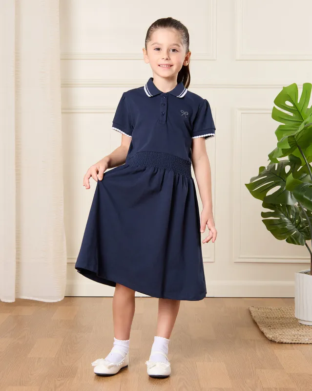 Girls Navy Embellished Pique Polo Dress sold by Redtag