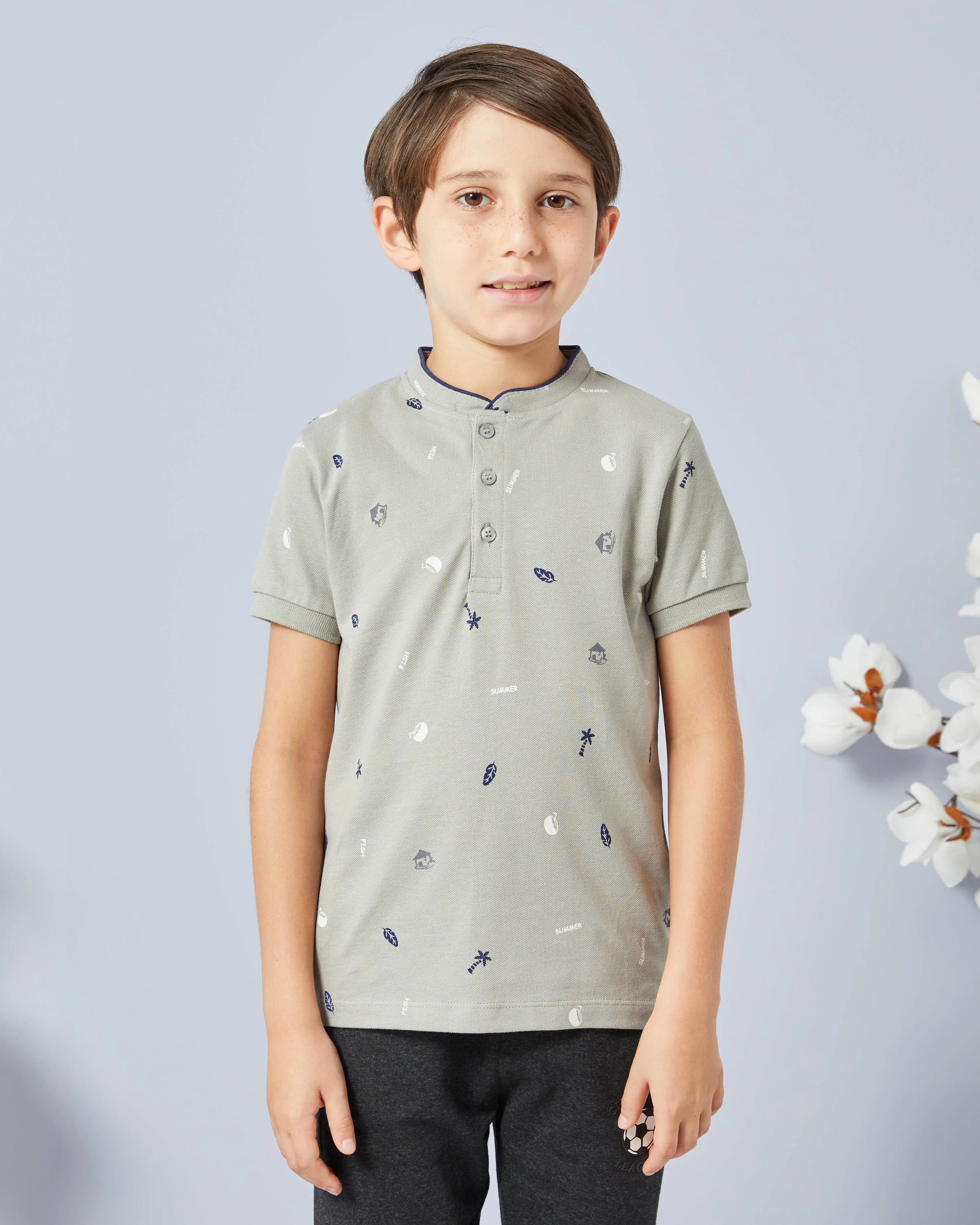 Boys Grey Skate Printed Mandarin Collar Shirt sold by Redtag