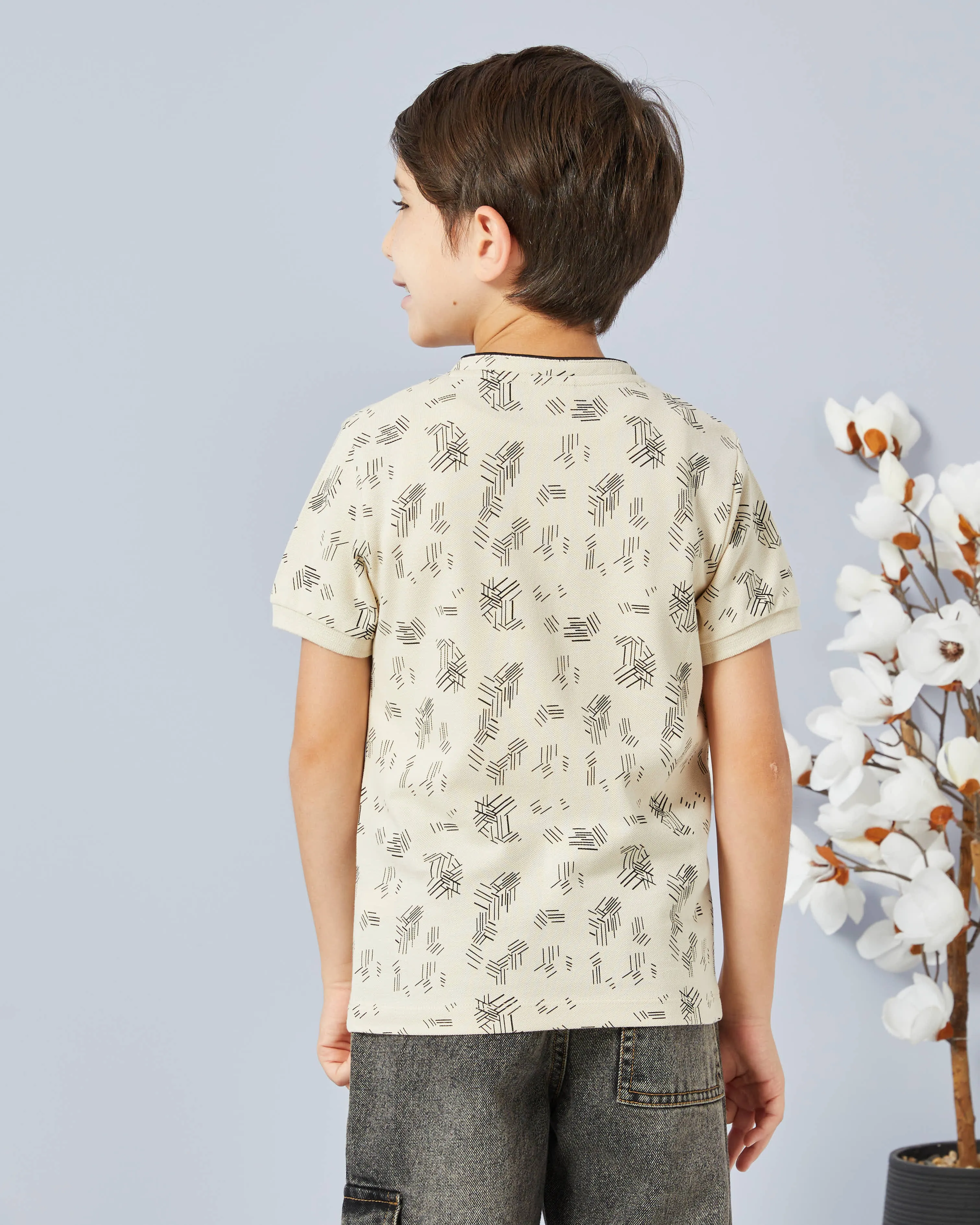 Boys Beige Printed Mandarin Collar Polo sold by Redtag product image thumbnail 3