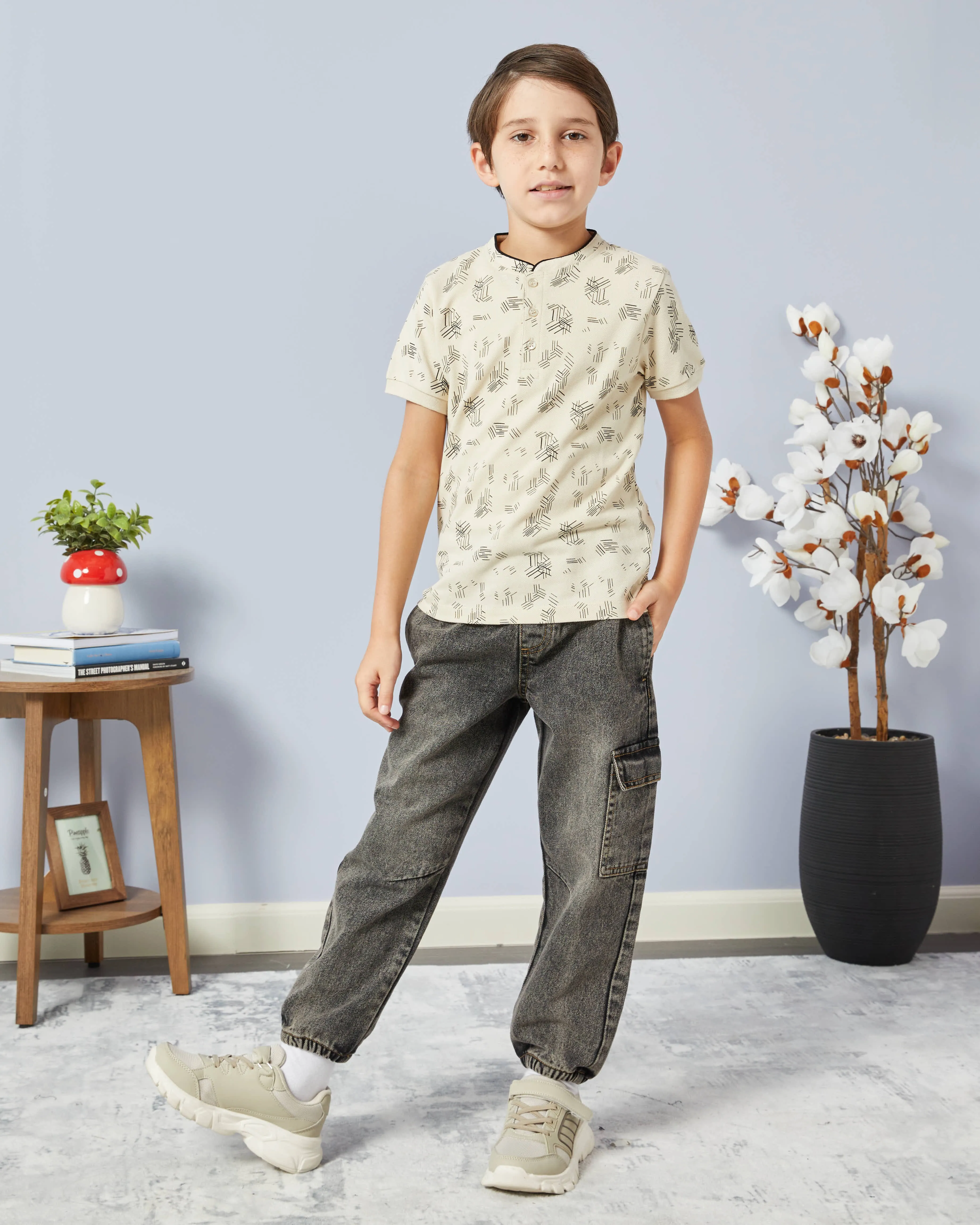 Boys Beige Printed Mandarin Collar Polo sold by Redtag product image thumbnail 2