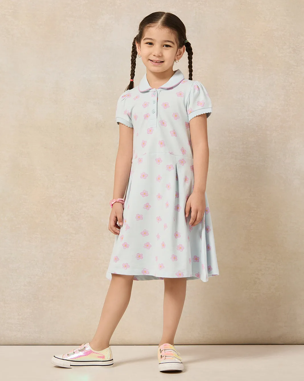 Girls Blue Floral Collar Pique Dress sold by Redtag product image thumbnail 4