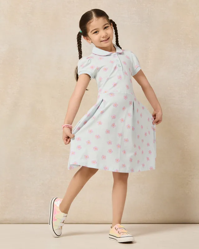 Girls Blue Floral Collar Pique Dress sold by Redtag