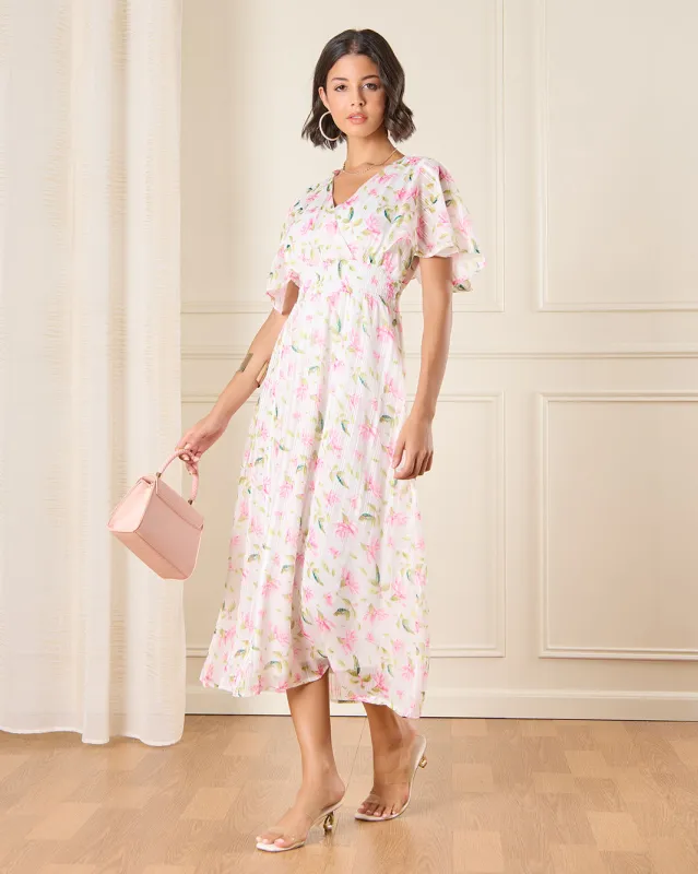 Women White Printed Smoking Waist Detailed Midi Dress sold by Redtag