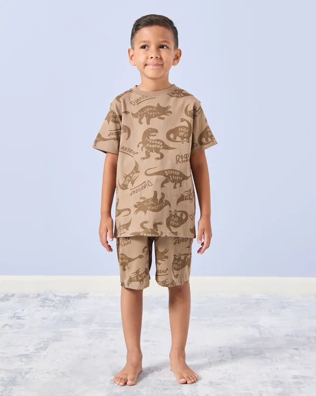 Boys Brown Dino Print Pyjama Set (2 Piece) made by Redtag