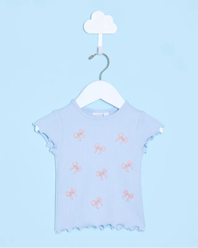 Infant Girls Blue With All Over Bow Artwork Rib T-Shirt sold by Redtag